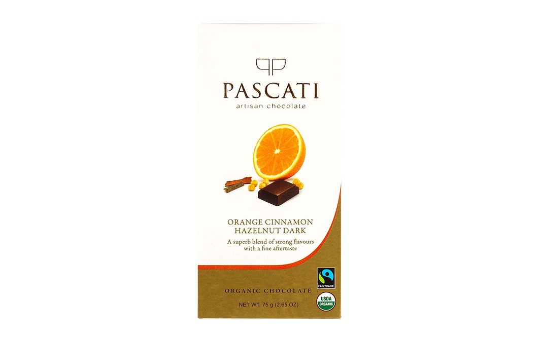 Pascati Orange Cinnamon Hazelnut Dark Organic Chocolate   Box  75 grams